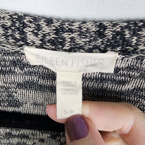 Eileen Fisher Sweater Sz S Cardigan Open Front Organic Linen Black Gray Beachy - Picture 3 of 6
